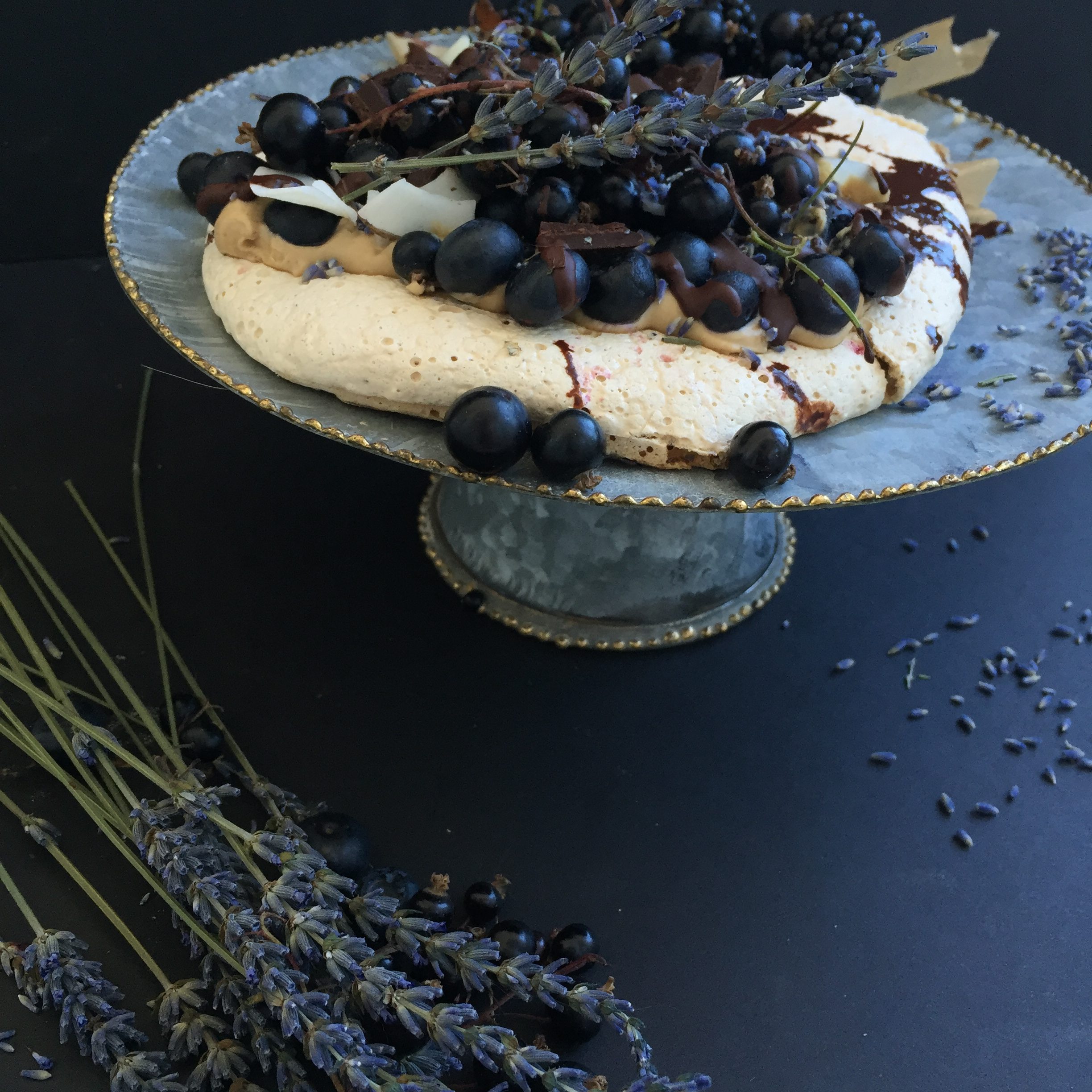 Vegan Pavlova with Lavender, blueberries, coconut and chocolate